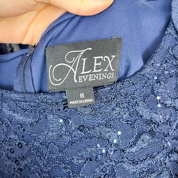 Alex Evenings Navy Blue Lace Sequin Cocktail Sheath Dress With Jacket Size 8 - Picture 8 of 12